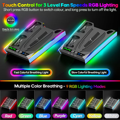 PS5/Slim/Pro Stand for Disc & Digital Console, PS5 Cooling & Charging Station with RGB Lights, PS5 Controller Charger Built-in 3 Level & AUTO Adjustable Fan, PS5/Slim/Pro Accessories Comes 3 USB Ports