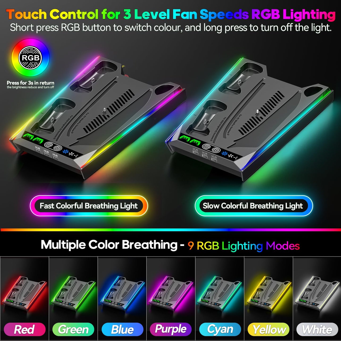 PS5/Slim/Pro Stand for Disc & Digital Console, PS5 Cooling & Charging Station with RGB Lights, PS5 Controller Charger Built-in 3 Level & AUTO Adjustable Fan, PS5/Slim/Pro Accessories Comes 3 USB Ports