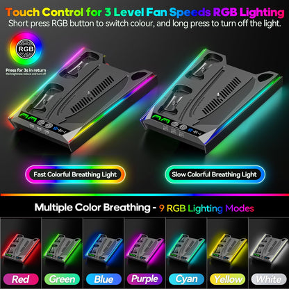 PS5/Slim/Pro Stand for Disc & Digital Console, PS5 Cooling & Charging Station with RGB Lights, PS5 Controller Charger Built-in 3 Level & AUTO Adjustable Fan, PS5/Slim/Pro Accessories Comes 3 USB Ports