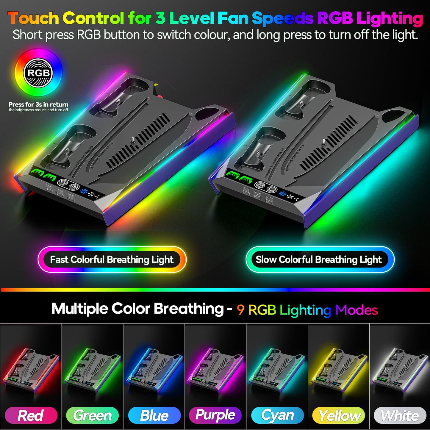 PS5/Slim/Pro Stand for Disc & Digital Console, PS5 Cooling & Charging Station with RGB Lights, PS5 Controller Charger Built-in 3 Level & AUTO Adjustable Fan, PS5/Slim/Pro Accessories Comes 3 USB Ports