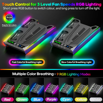 PS5/Slim/Pro Stand for Disc & Digital Console, PS5 Cooling & Charging Station with RGB Lights, PS5 Controller Charger Built-in 3 Level & AUTO Adjustable Fan, PS5/Slim/Pro Accessories Comes 3 USB Ports